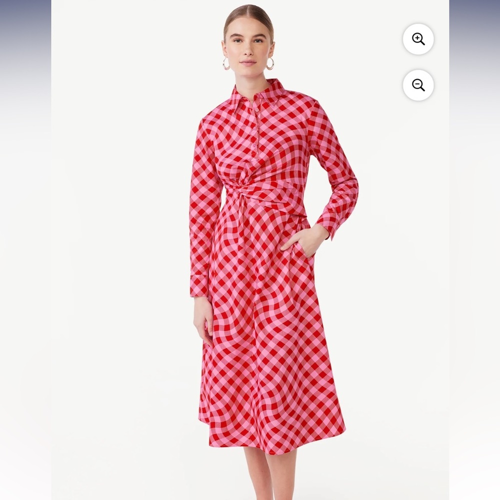 EUC Scoop Women's Side Knot Poplin Midi Shirt Dress Size Large 12-14 w/Pockets - Picture 2 of 13